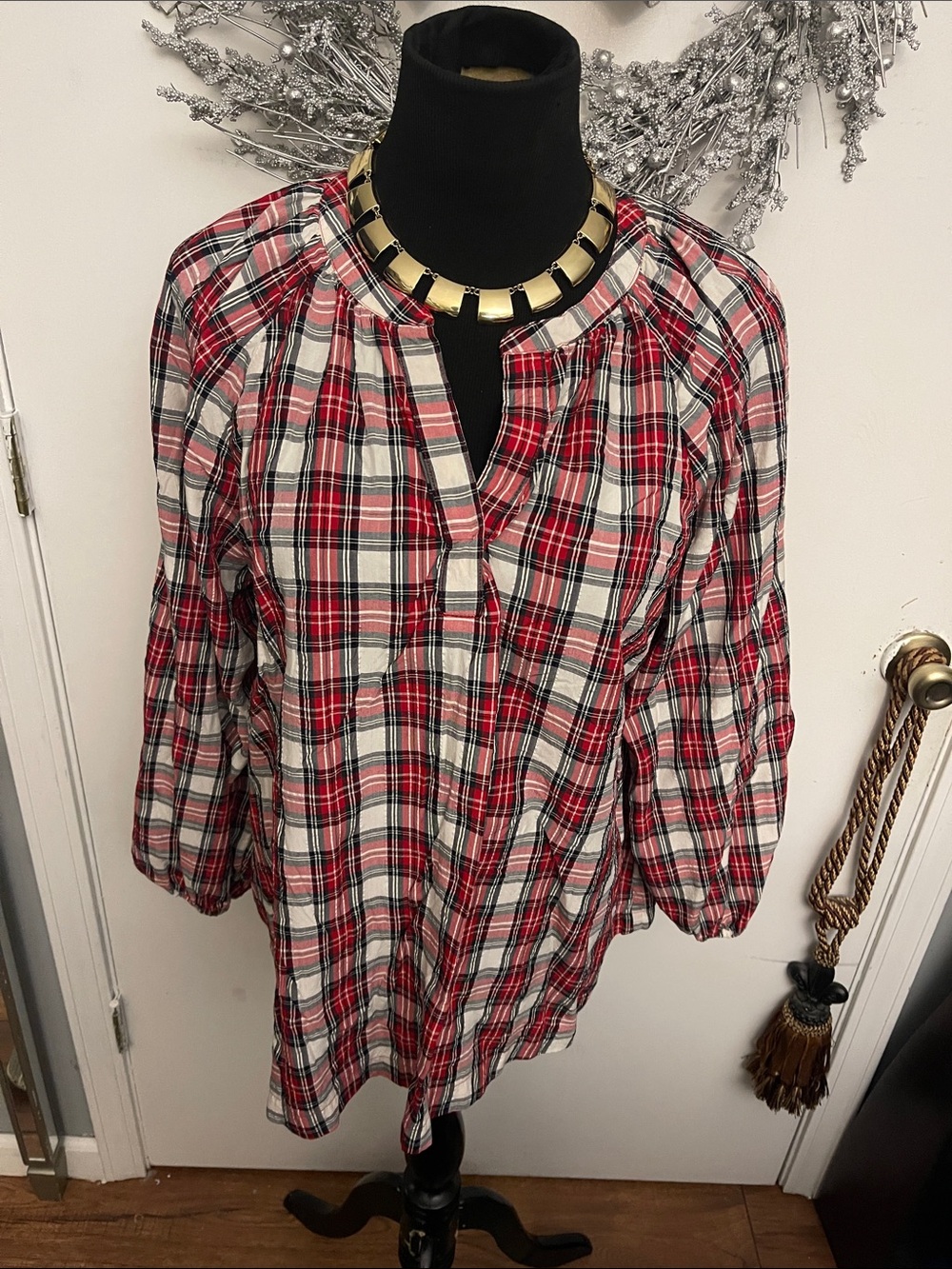 Plaid Red and White Women's Peasant Top